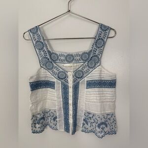 LoveShackFancy white with blue embroidery button front sleeveless top S